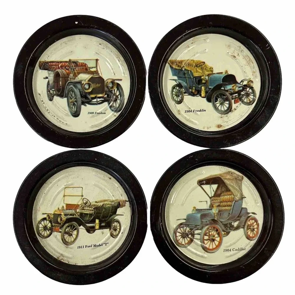 Old Time Antique Model Cars Metal Round Tin‎ Coasters Set Of 4